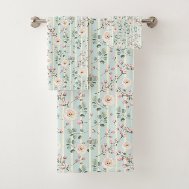 Chic Hütte Rosa Rosen Blau Weiße Streifen Badhandtuch Set (Insitu)