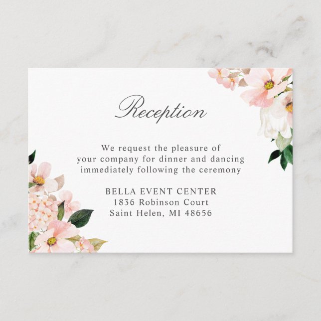Chic Hydrangea Blush Pink Floral Hochzeitsempfang Begleitkarte (Vorderseite)
