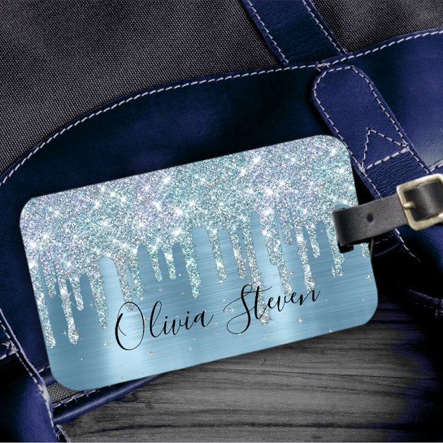 Chic ice blue aqua dripping Glitzer monogram Gepäckanhänger (Von Creator hochgeladen)