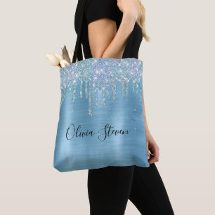 Chic ice blue aqua dripping Glitzer monogram Tasche