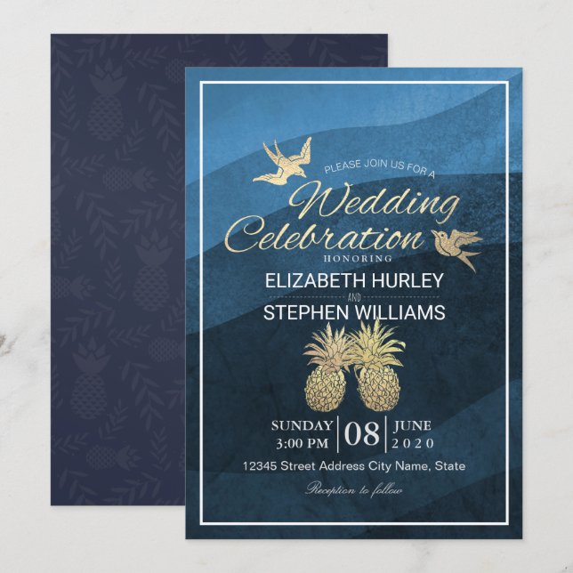 Chic Imitate Gold Ananas Couple Blue Wave Wedding Einladung (Vorne/Hinten)