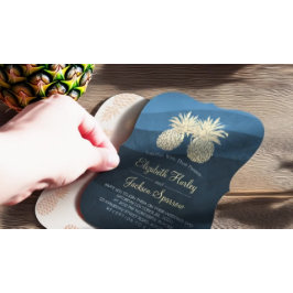 Chic Imitate Gold Ananas Couple Blue Wave Wedding Einladung
