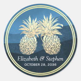 Chic Imitate Gold Ananas Couple Blue Wave Wedding Runder Aufkleber