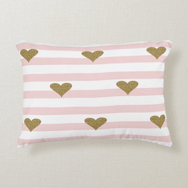 Chic Imitate Gold Glittery Hearts Pink Stripes Dekokissen (Vorderseite)