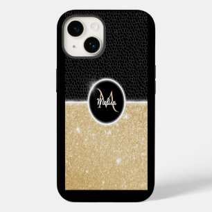 Chic Imitate Gold Glitzer Black Leather Monogram Case-Mate iPhone 14 Hülle