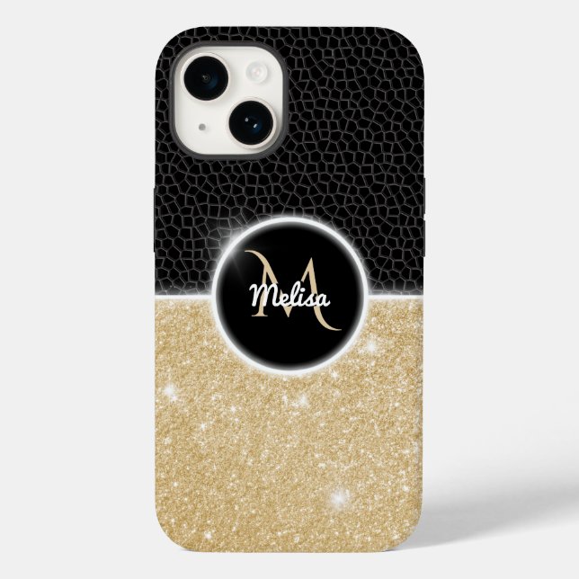 Chic Imitate Gold Glitzer Black Leather Monogram Case-Mate iPhone 14 Hülle (Rückseite)