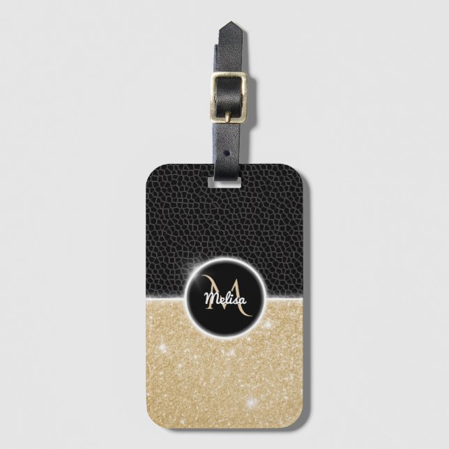 Chic Imitate Gold Glitzer Black Leather Monogram Gepäckanhänger (Vorderseite Vertikal)