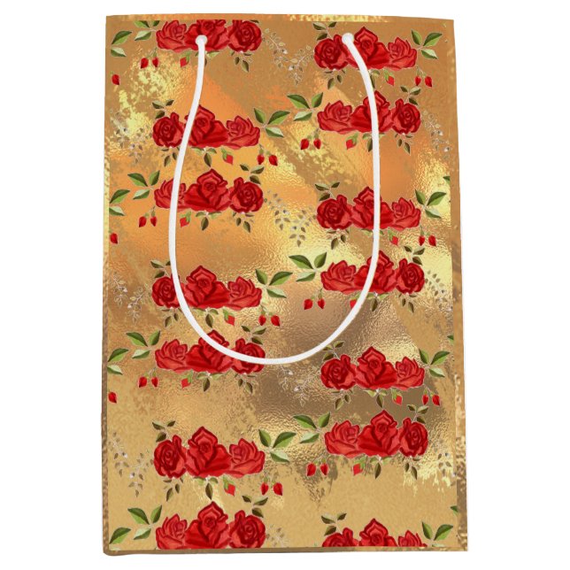 Chic Imitate Gold Red Blume Art Muster Mittlere Geschenktüte (Vorderseite)