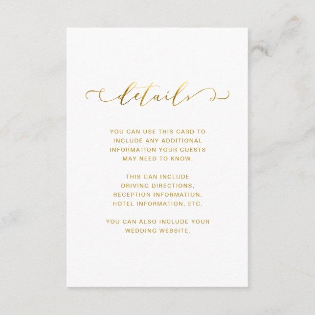 Chic Imitate Gold und White Wedding Details Begleitkarte (Vorderseite)