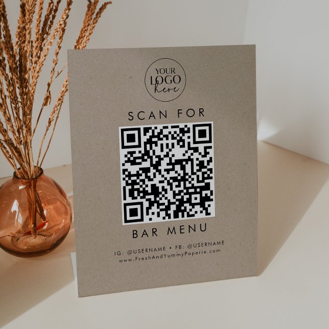 Chic Imitate Kraft Business Logo Bar Menü QR Code Sockelschild (Von Creator hochgeladen)