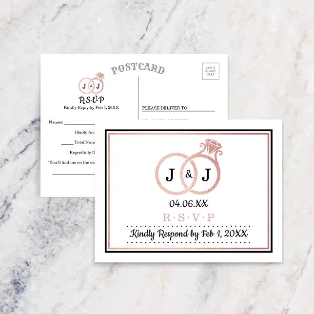 Chic Imitate Rose Gold Foil Monogram Wedding Rings Einladungspostkarte (Von Creator hochgeladen)