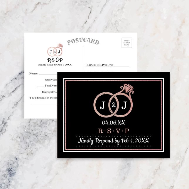 Chic Imitate Rose Gold Foil Monogram Wedding Rings Einladungspostkarte (Von Creator hochgeladen)