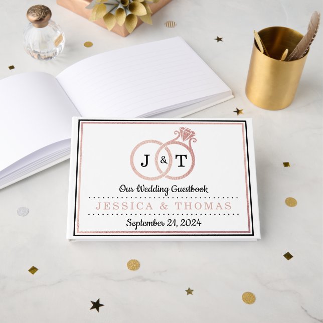 Chic Imitate Rose Gold Foil Monogram Wedding Rings Gästebuch (Vorderseite Offen)