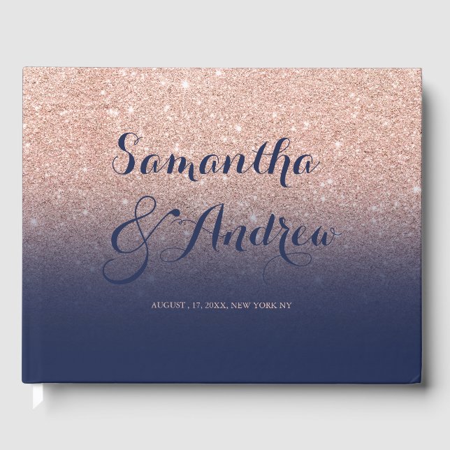 Chic Imitate Rose Gold Glitzer blauen Hochzeit Gästebuch (Vorderseite)