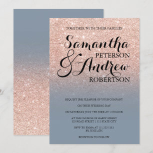 Chic Imitate Rose Gold Glitzer Dusty Blue Hochzeit Einladung