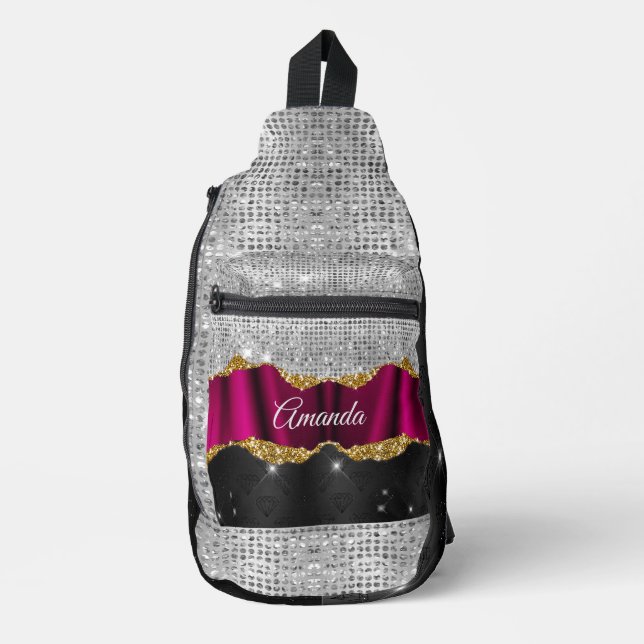 Chic Imitate silber Glitzer Fuchsia schwarze Monog Crossbody Bag (Vorderseite)