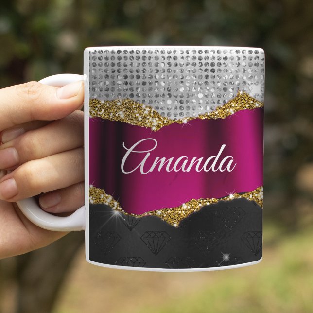 Chic Imitate silber Glitzer Fuchsia schwarze Monog Kaffeetasse (Von Creator hochgeladen)