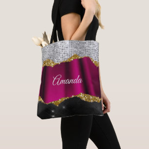 Chic Imitate silber Glitzer Fuchsia schwarze Monog Tasche
