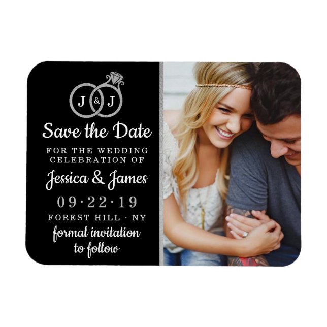 Chic Imitate Silver Foil Monogram Wedding Rings Magnet (Horizontal)