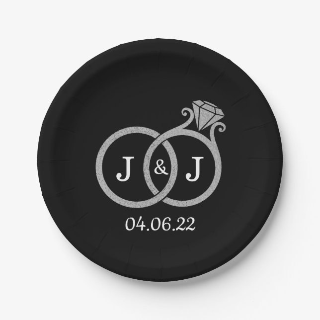 Chic Imitate Silver Foil Monogram Wedding Rings Pappteller (Vorderseite)