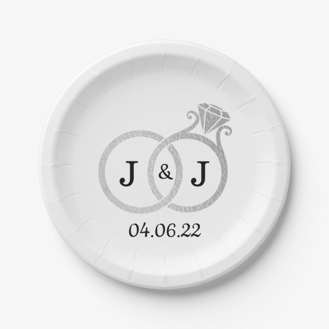 Chic Imitate Silver Foil Monogram Wedding Rings Pappteller (Vorderseite)
