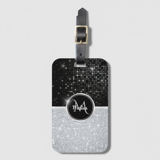 Chic Imitate Silver Glitzer Black Glitzer Monogram Gepäckanhänger (Vorderseite Vertikal)
