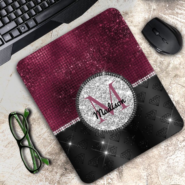 Chic Imitate Silver Glitzer Burgundy Black Monogra Mousepad (Von Creator hochgeladen)