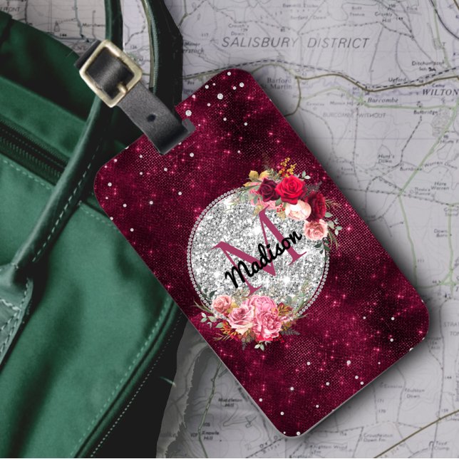 Chic Imitate Silver Glitzer Burgundy Floral Monogr Gepäckanhänger (Von Creator hochgeladen)