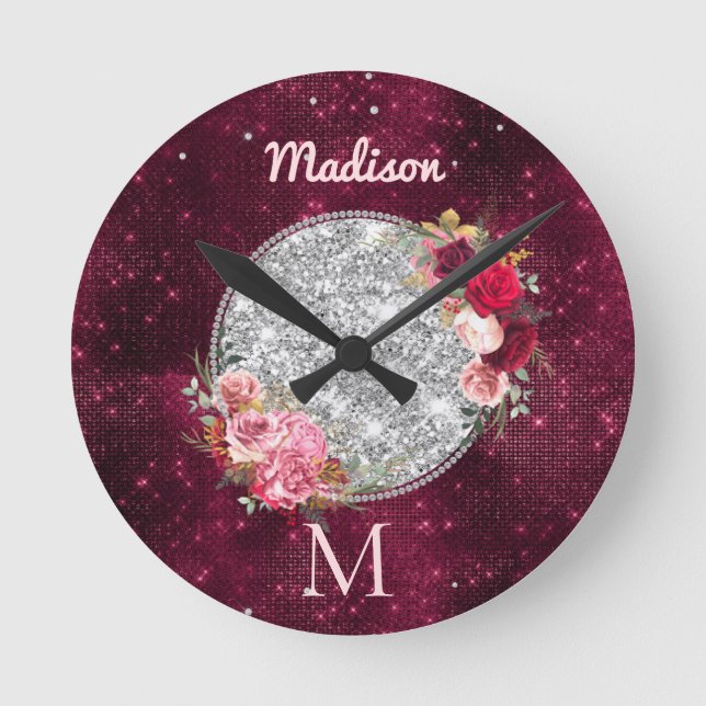 Chic Imitate Silver Glitzer Burgundy Floral Monogr Runde Wanduhr (Vorderseite)
