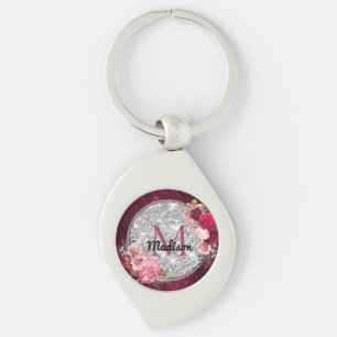 Chic Imitate Silver Glitzer Burgundy Floral Monogr Schlüsselanhänger