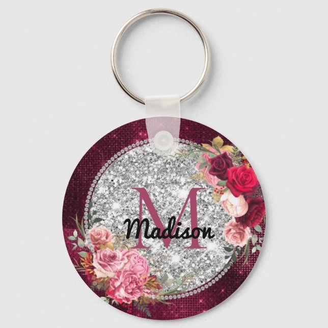 Chic Imitate Silver Glitzer Burgundy Floral Monogr Schlüsselanhänger (Vorderseite)