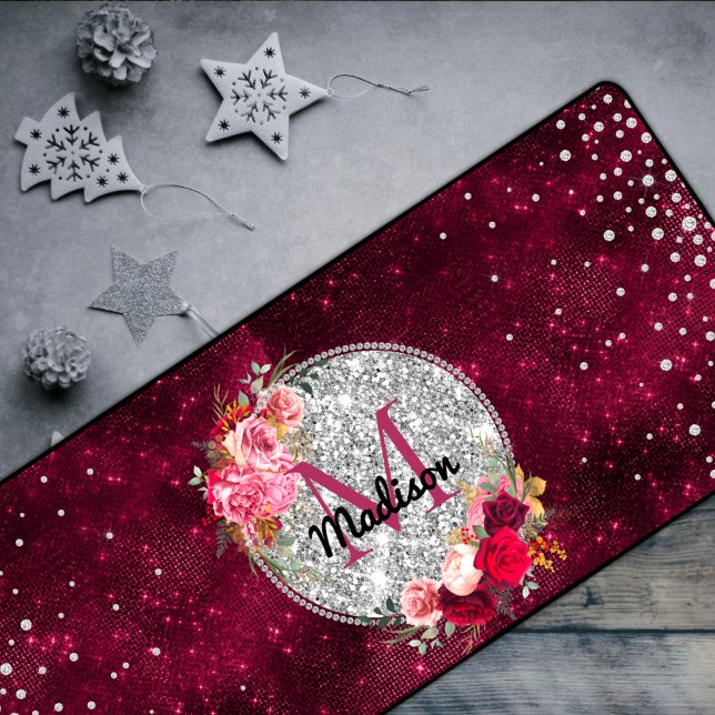 Chic Imitate Silver Glitzer Burgundy Floral Monogr Schreibtischunterlage (Von Creator hochgeladen)