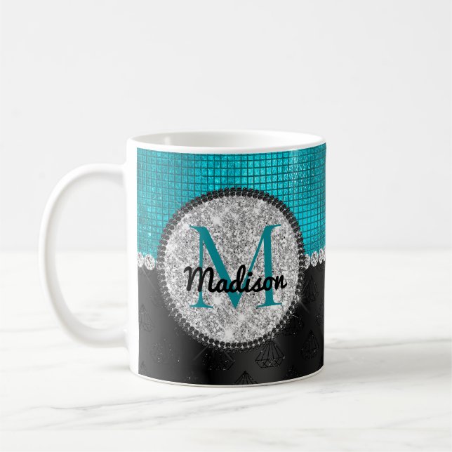 Chic Imitate Silver Glitzer Türkis Schwarzes Monog Kaffeetasse (Links)