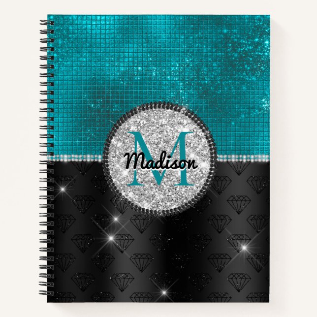 Chic Imitate Silver Glitzer Türkis Schwarzes Monog Notizbuch (Vorderseite)