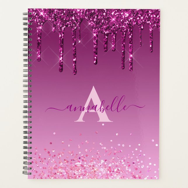 Chic Imitats Dark Pink Glitzer Tropfen Monogram Na Planer (Vorderseite)