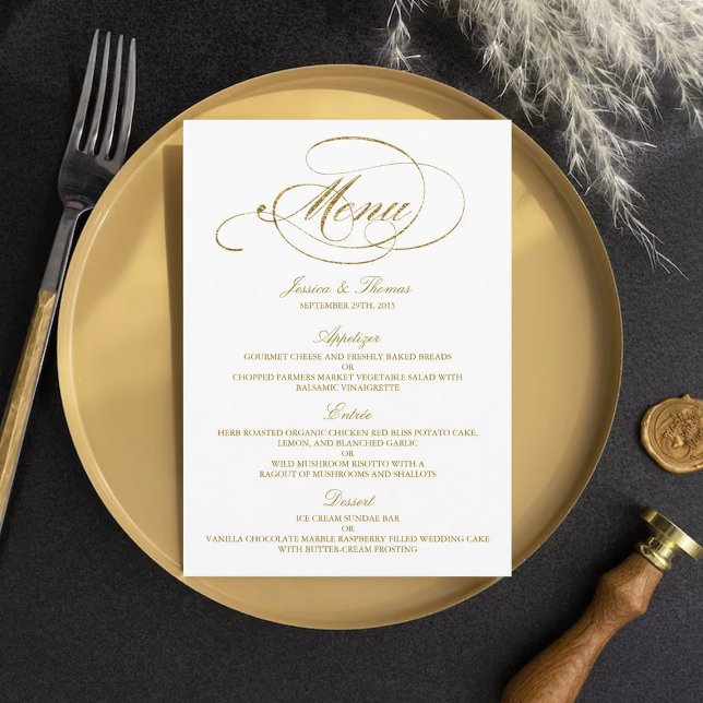 Chic Imitats Gold Foil Wedding Menu Template Menükarte (Von Creator hochgeladen)
