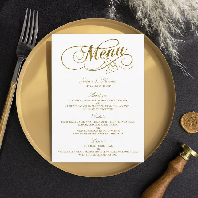 Chic Imitats Gold Foil Wedding Menu Template Menükarte (Von Creator hochgeladen)