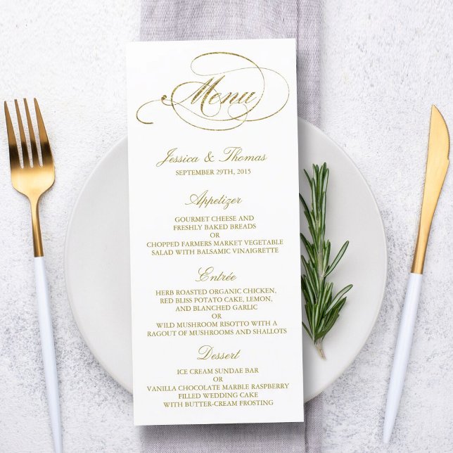 Chic Imitats Gold Foil Wedding Menu Template Menükarte (Von Creator hochgeladen)