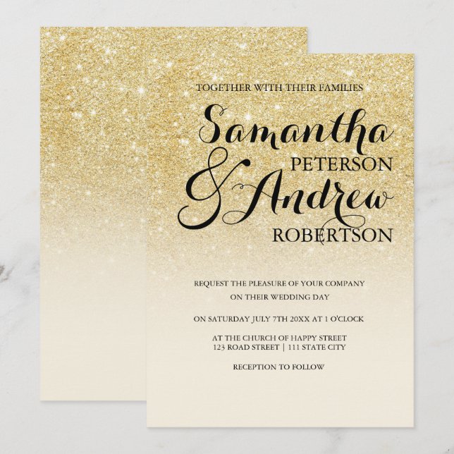 Chic Imitats Gold Glitzer Elfenbein von Weiß Hochz Einladung (Vorne/Hinten)