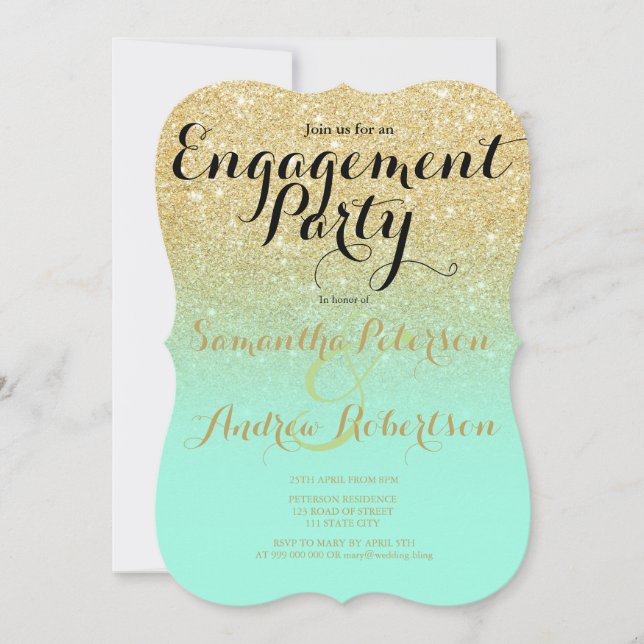 Chic Imitats Gold Glitzer Minze Grün Engagement Pa Einladung (Vorderseite)