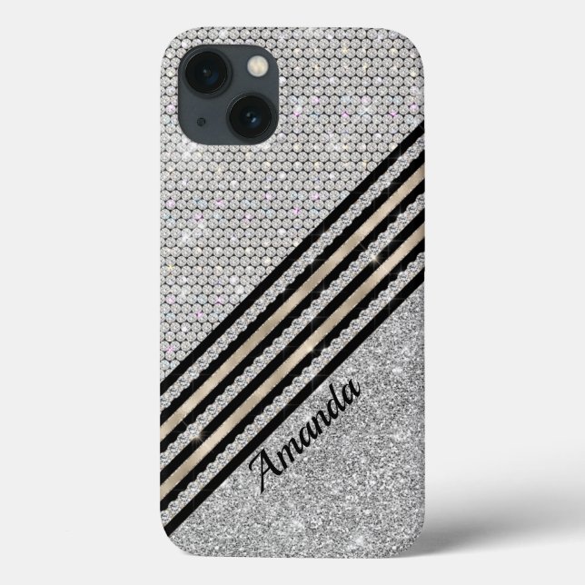 Chic Imitats Kristallwaren und Silberner Glitzer P Case-Mate iPhone Hülle (Rückseite)