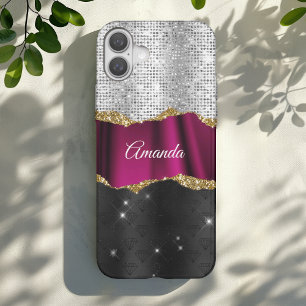 Chic Imitats silber Glitzer rosa Schwarz Monogramm iPhone 16 Hülle