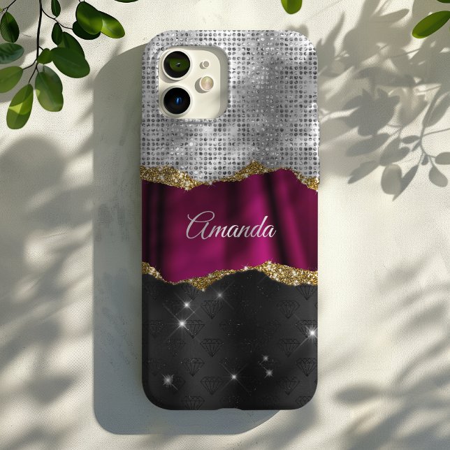 Chic Imitats silber Glitzer rosa Schwarz Monogramm iPhone 16 Pro Hülle (Von Creator hochgeladen)