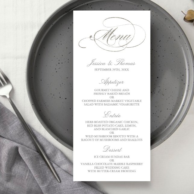 Chic Imitats Silver Foil Wedding Menu Template Menükarte (Von Creator hochgeladen)