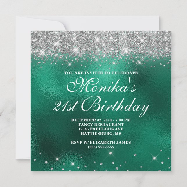 Chic Imitats Silver Glitzer Monogram Green Foil Om Einladung (Vorderseite)
