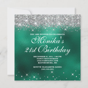 Chic Imitats Silver Glitzer Monogram Green Foil Om Einladung