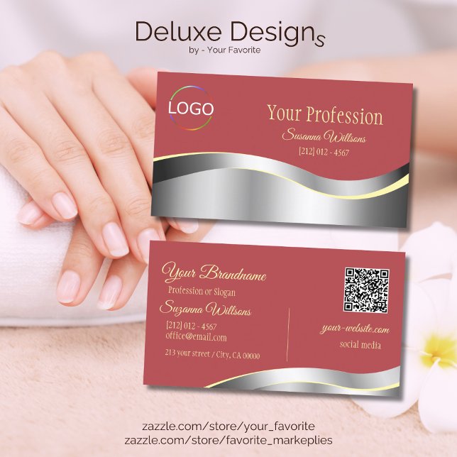 Chic Indian Red Wavy Silver Deco Logo und QR Code Visitenkarte (Von Creator hochgeladen)