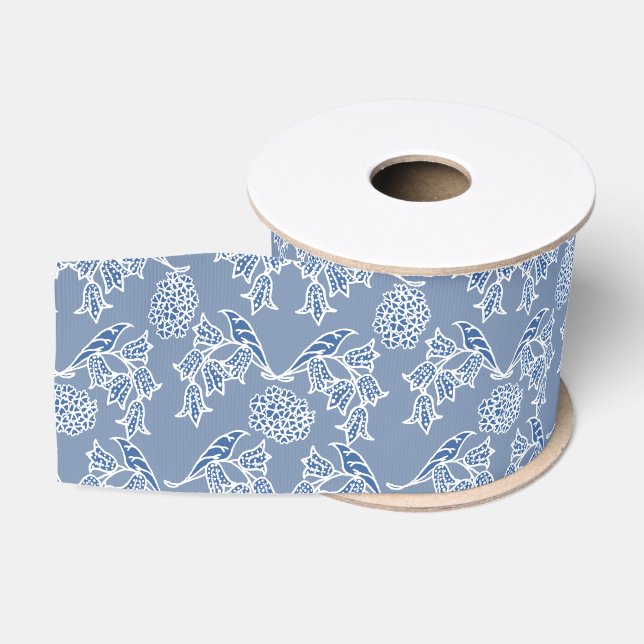 Chic Indigo Blue Ethnic Floral Grosgrain Ribbon Ripsband (Spule)