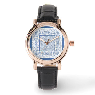 Chic Indigo Blue Floral Border Women's Wristwatch Armbanduhr