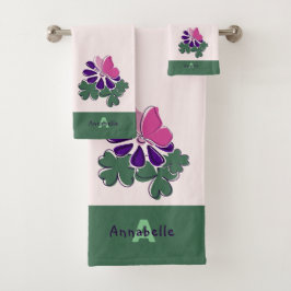 Chic Initial Name Green Blush Butterfly Blume Badhandtuch Set